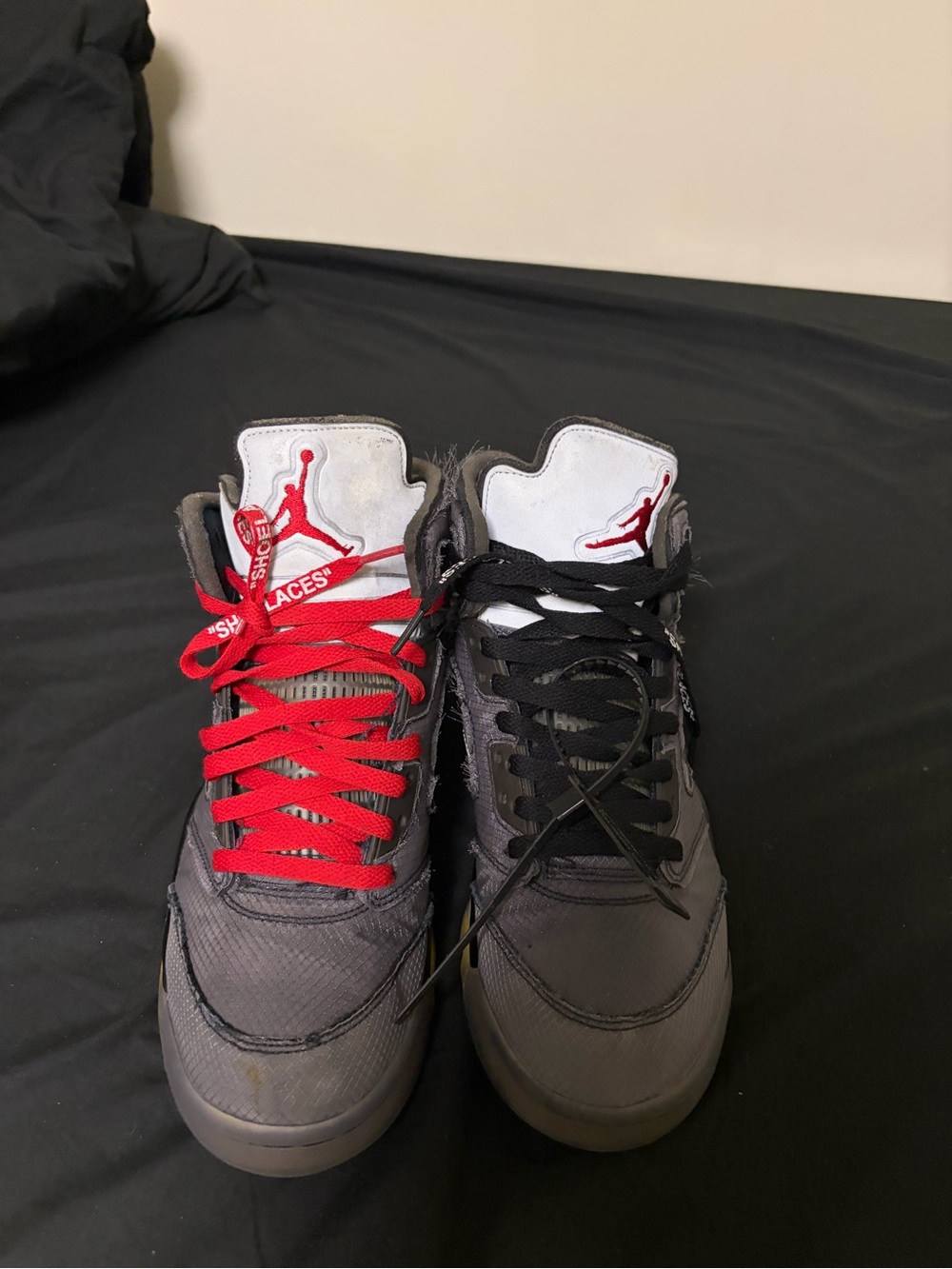 Jordan Men's X Off White High-Top Sneakers in Gray with Red and Black Accents
